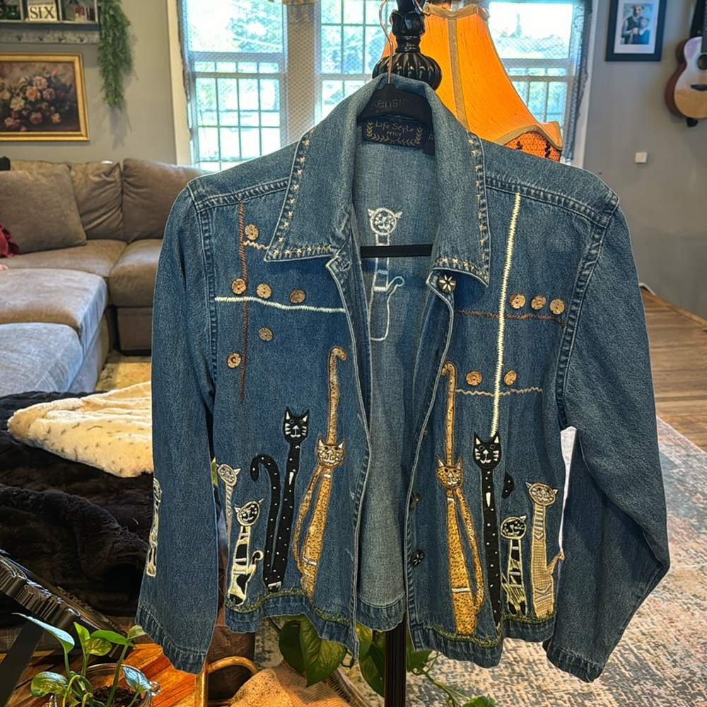 Vintage Jacket Jean Denim Cat Animal Embroidered 90s Kawaii Casual Petite Small
